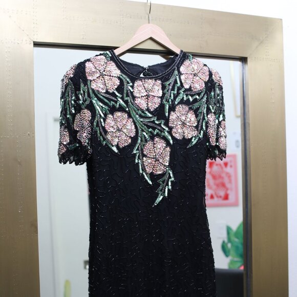 Vintage 80s Scala Black Floral Beaded Sequin Dress - Size S - Picture 6 of 10